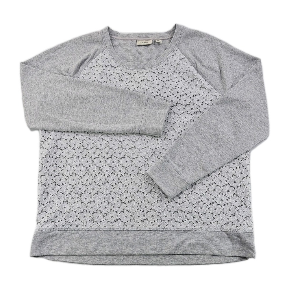 LL Bean Women's Lace Overlay Sweatshirt L Pullover Grey White Raglan Crewneck
